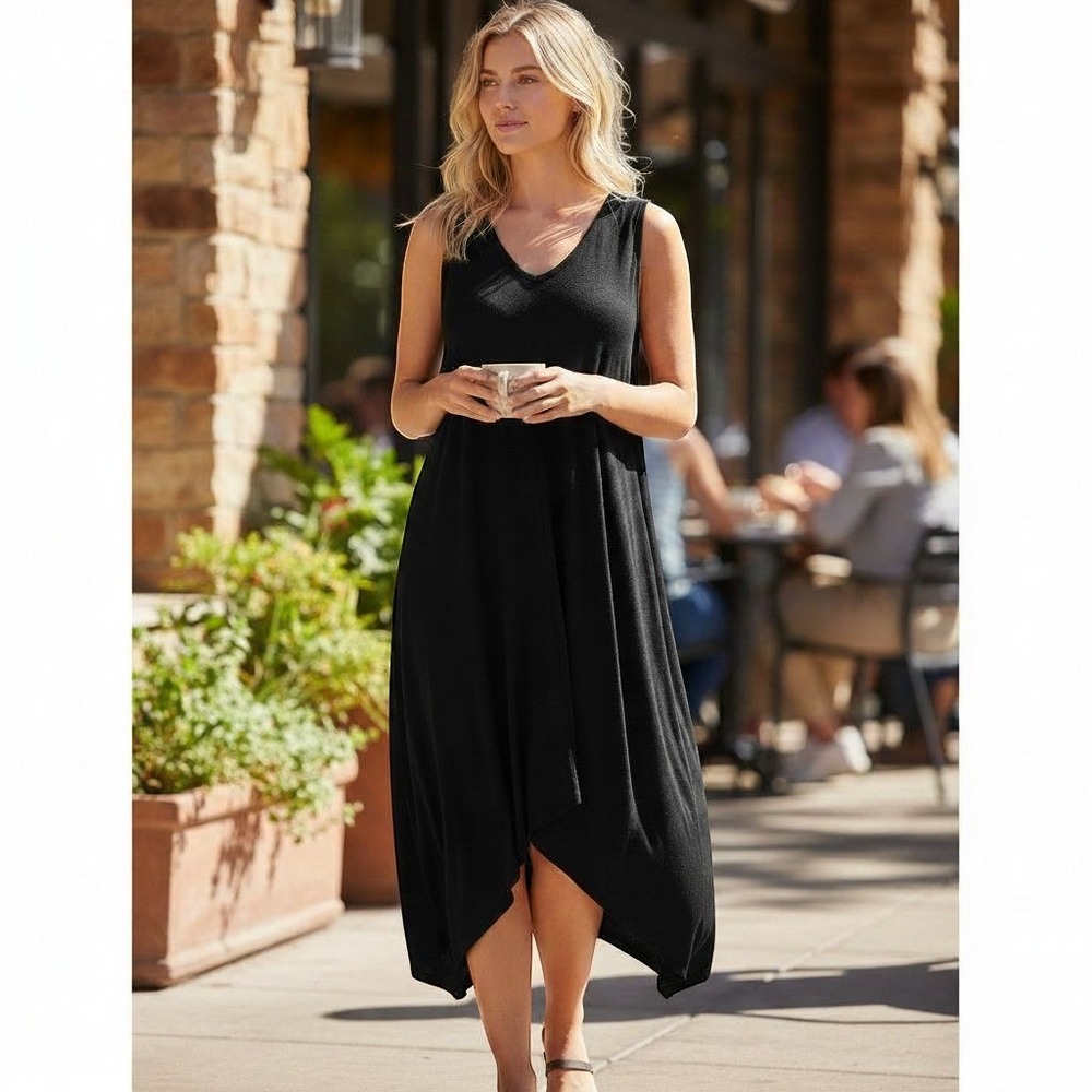 Neiman Marcus Black Viscose Sleeveless V-Neck High-Low Tulip Hem Midi Dress M